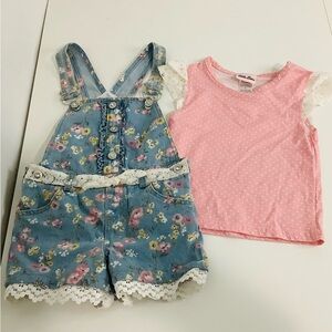 Little Lass Pink Polka Dot Tee with Blue Floral Denim size 5